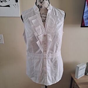 Attention White Sleeveless tailored Ruffled Button Down Shirt